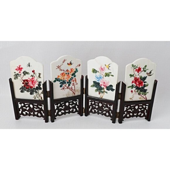 Vintage Mini Folding Screen 2 Sided Panels Handpainted Chinese Marble Art Geisha - Picture 4 of 7